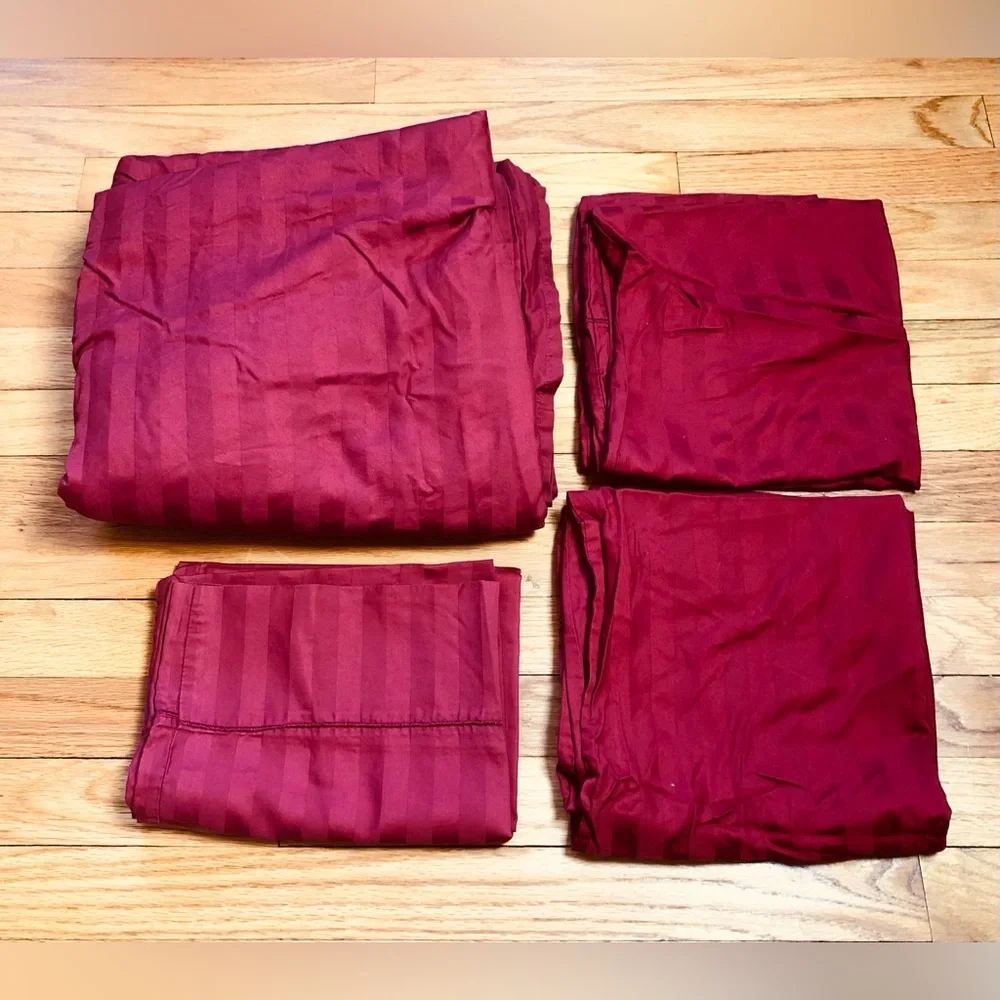 Wamsutta King Sheet Flat 3 pillowcs Damask Stripe Sateen Cotton Garnet Red Dobby